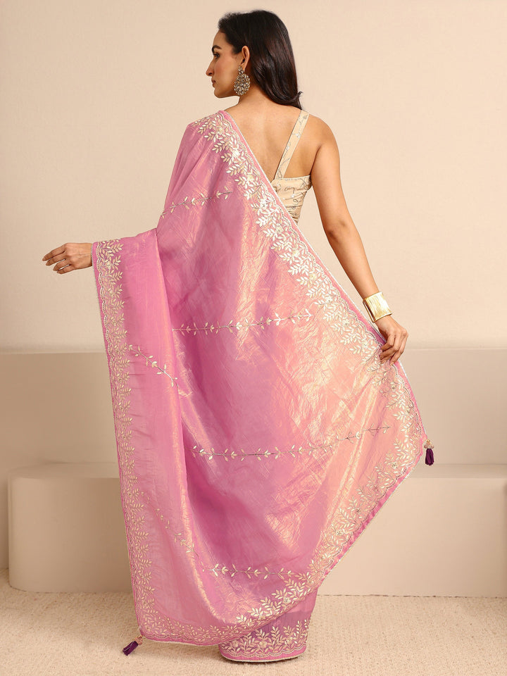 Pink Floral Embellished Silk Blend Saree With Unstitched Blouse Piece