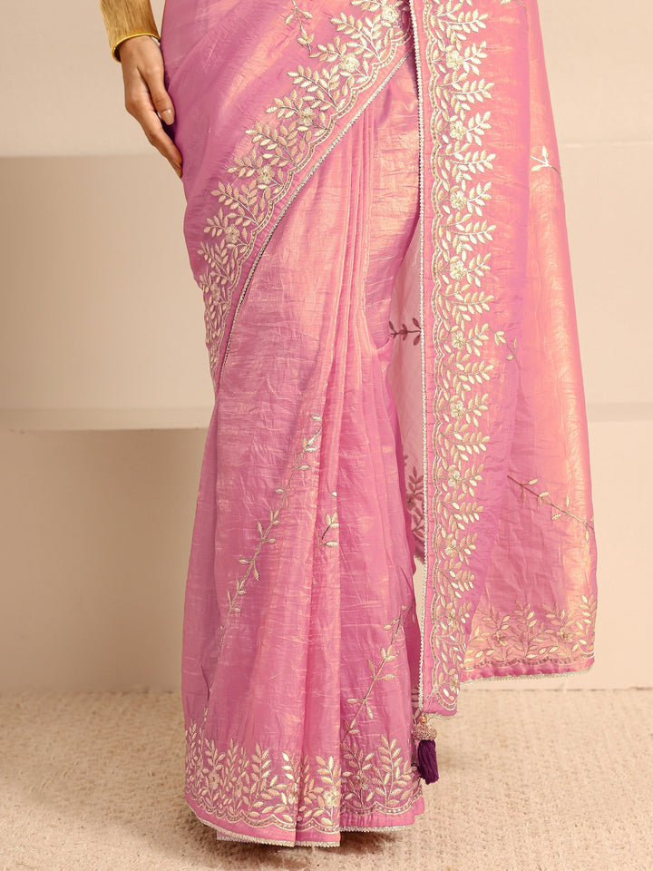 Pink Floral Embellished Silk Blend Saree With Unstitched Blouse Piece