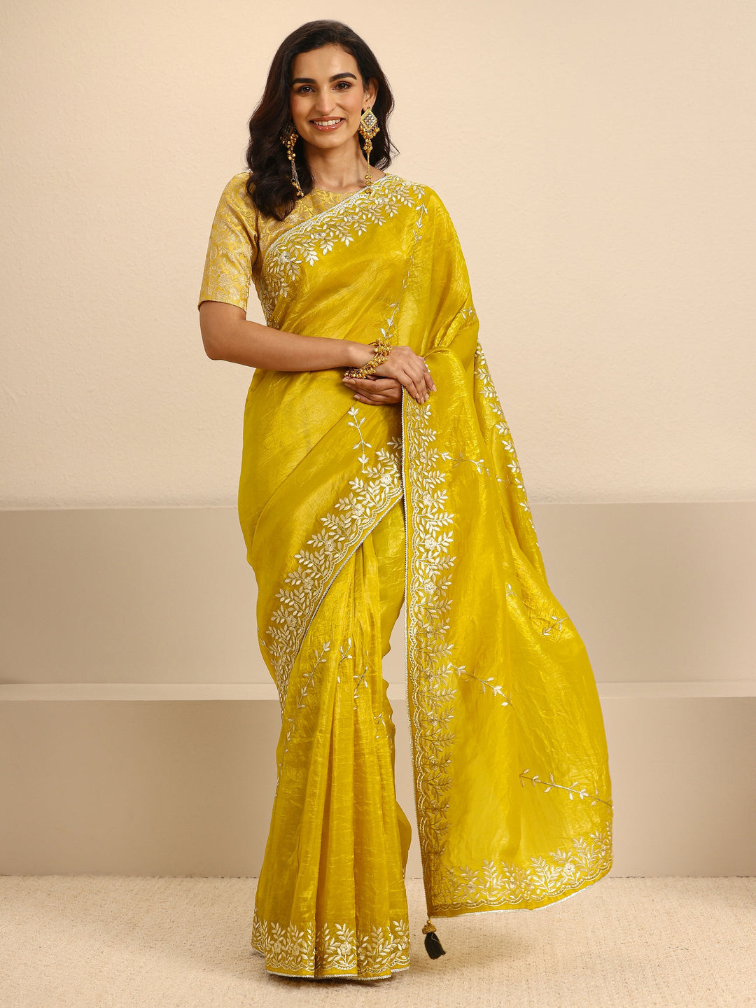 Mustard Floral Embroidered Silk Blend Saree With Unstitched Blouse Piece