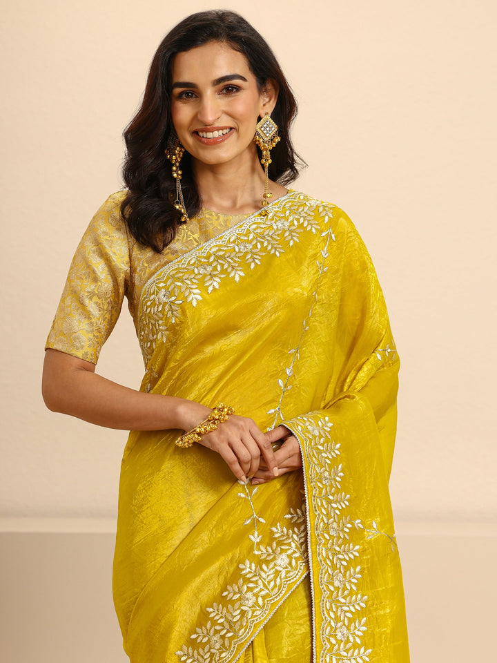Mustard Floral Embroidered Silk Blend Saree With Unstitched Blouse Piece