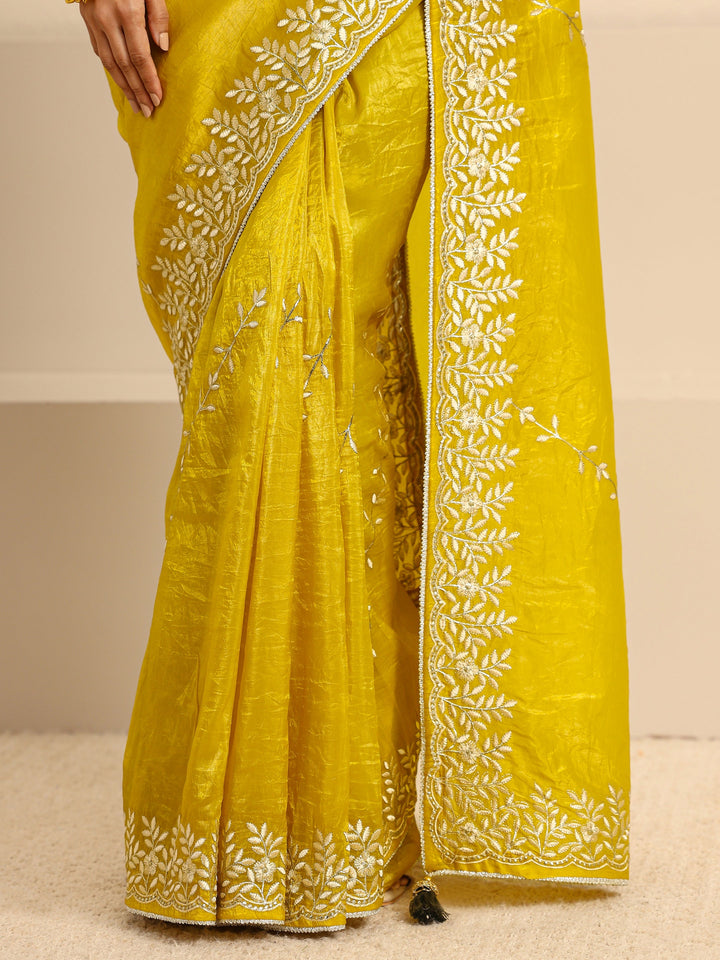 Mustard Floral Embroidered Silk Blend Saree With Unstitched Blouse Piece