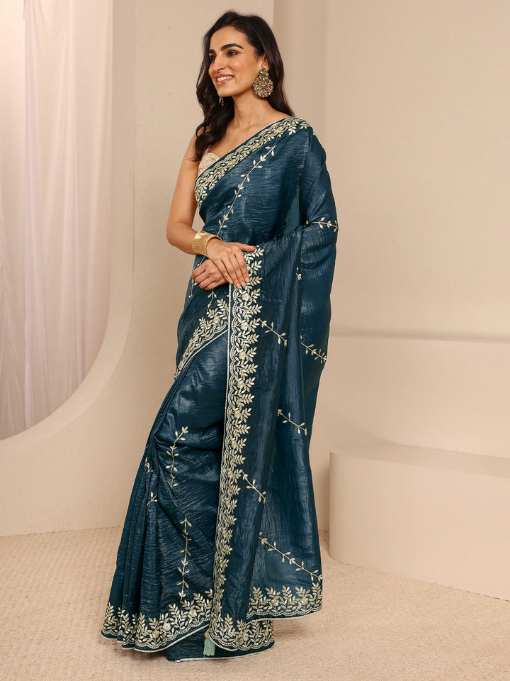 Navy Blue Floral Embroidered Silk Blend Saree With Unstitched Blouse Piece