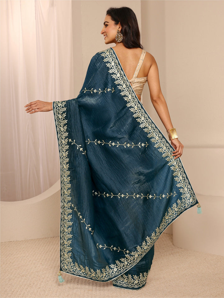 Navy Blue Floral Embroidered Silk Blend Saree With Unstitched Blouse Piece