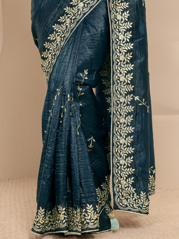 Navy Blue Floral Embroidered Silk Blend Saree With Unstitched Blouse Piece