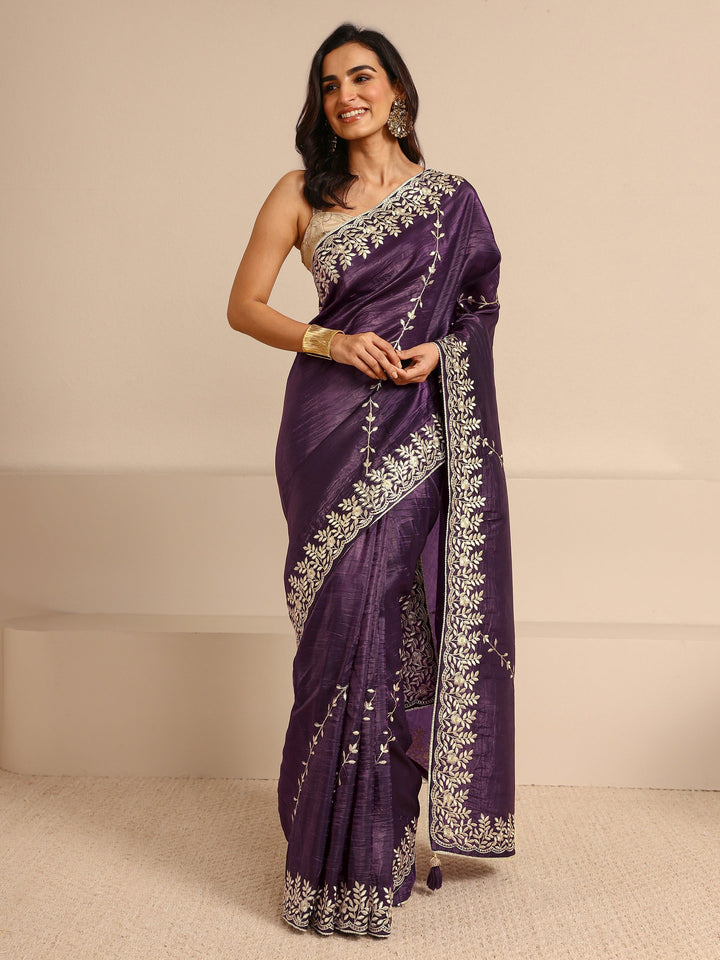 Purple Floral Embroidered Silk Blend Saree With Unstitched Blouse Piece