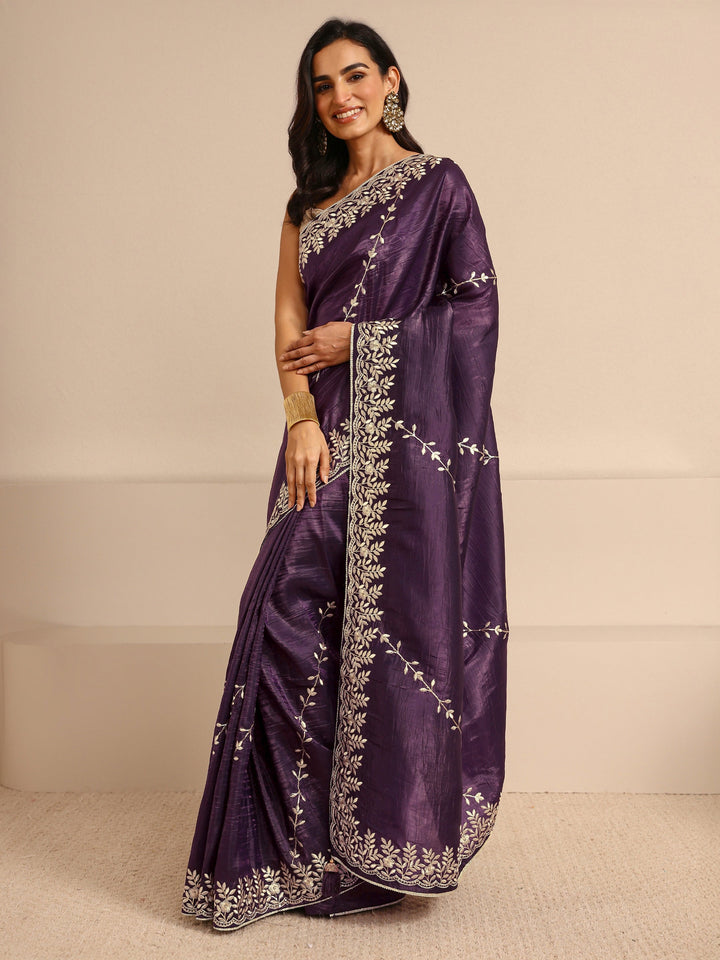 Purple Floral Embroidered Silk Blend Saree With Unstitched Blouse Piece