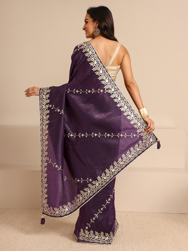 Purple Floral Embroidered Silk Blend Saree With Unstitched Blouse Piece