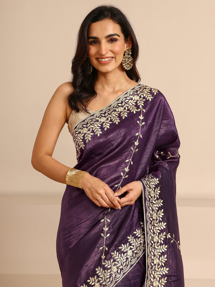 Purple Floral Embroidered Silk Blend Saree With Unstitched Blouse Piece