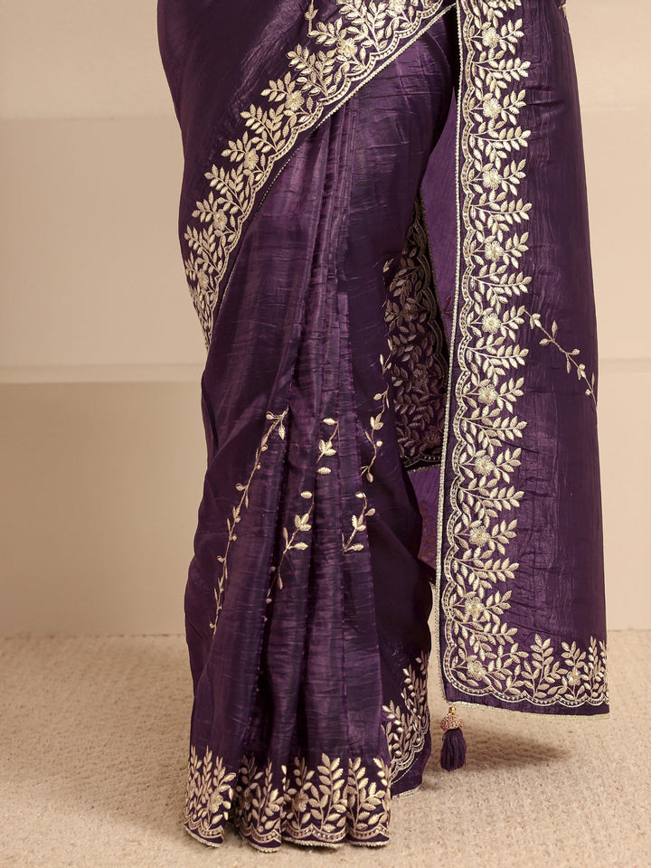 Purple Floral Embroidered Silk Blend Saree With Unstitched Blouse Piece