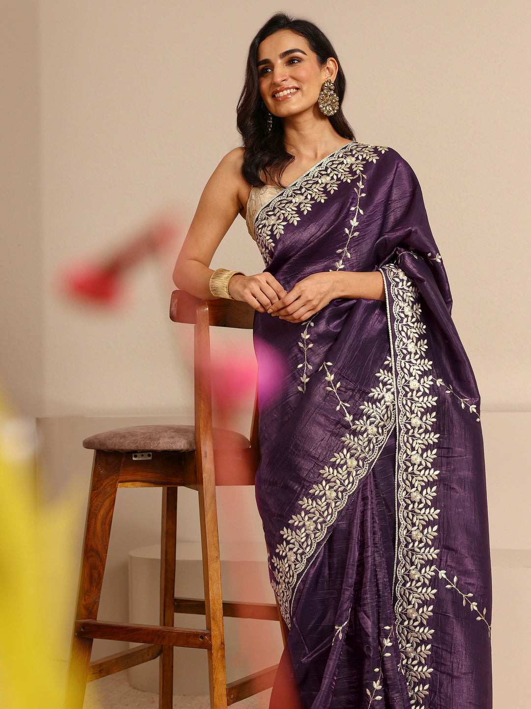 Purple Floral Embroidered Silk Blend Saree With Unstitched Blouse Piece