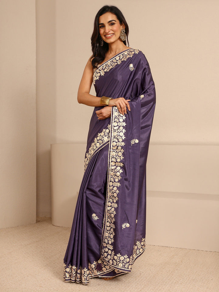Purple Embroidered Silk Blend Saree With Unstitched Blouse Piece