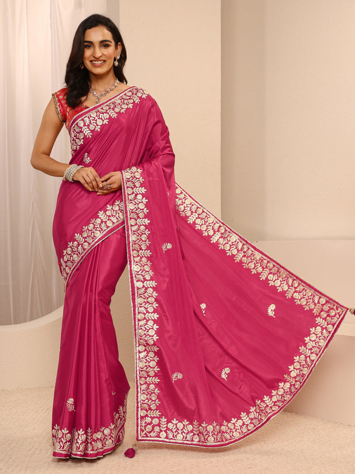 Pink Embellished Silk Blend Saree With Unstitched Blouse Piece