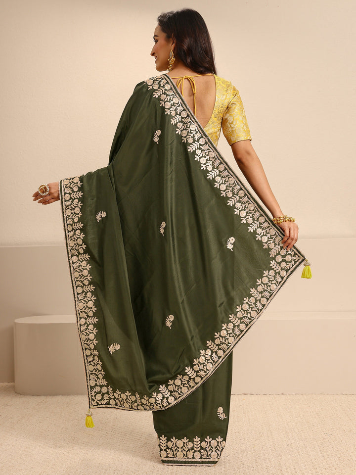 Olive Green Embroidered Silk Blend Saree With Unstitched Blouse Piece