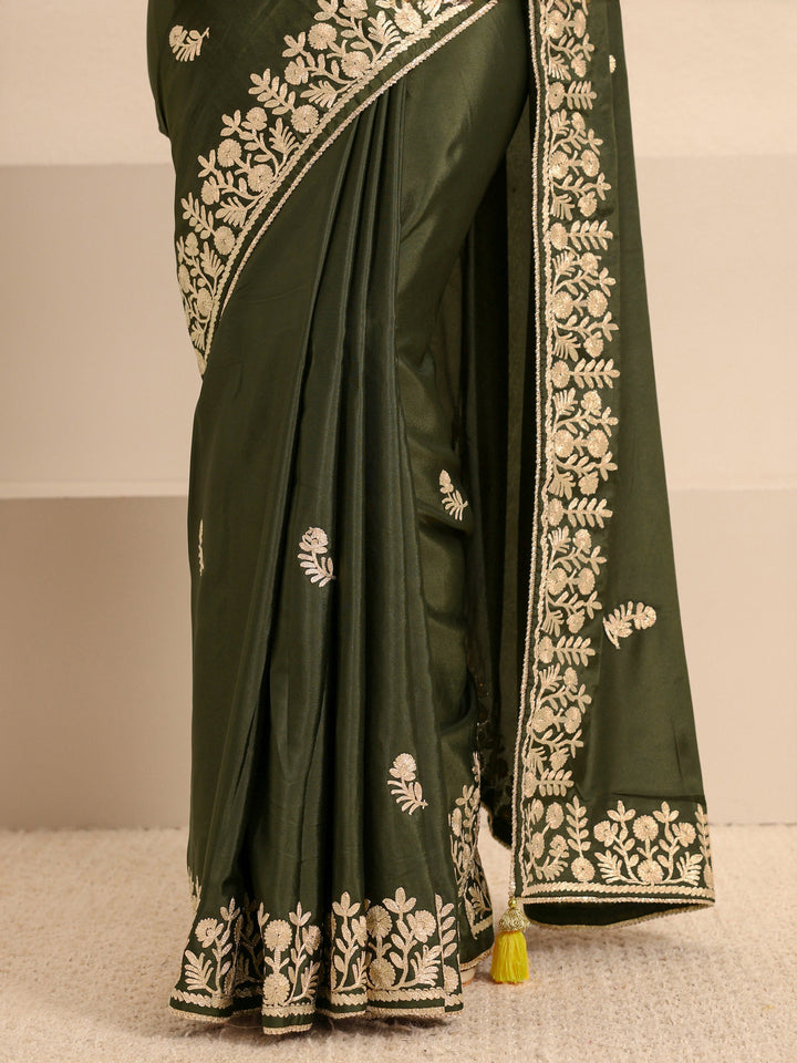 Olive Green Embroidered Silk Blend Saree With Unstitched Blouse Piece