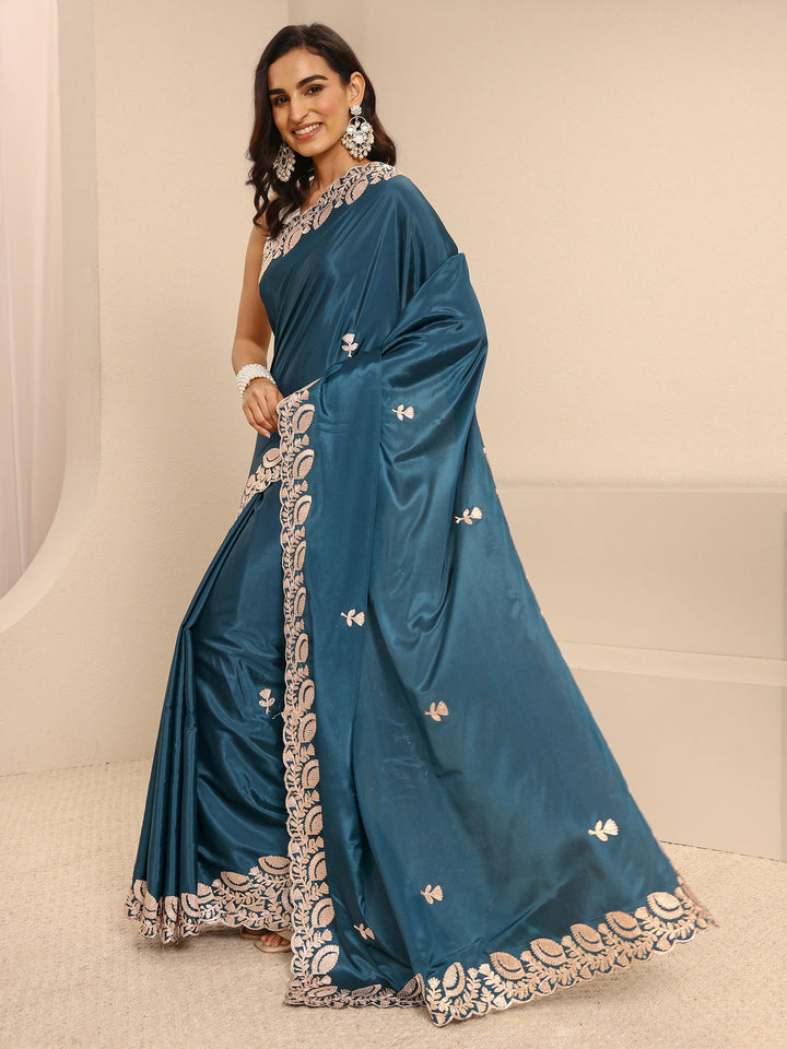 Teal Embroidered Silk Blend Saree With Unstitched Blouse Piece