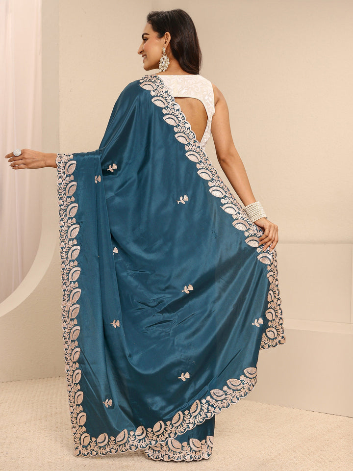 Teal Embroidered Silk Blend Saree With Unstitched Blouse Piece