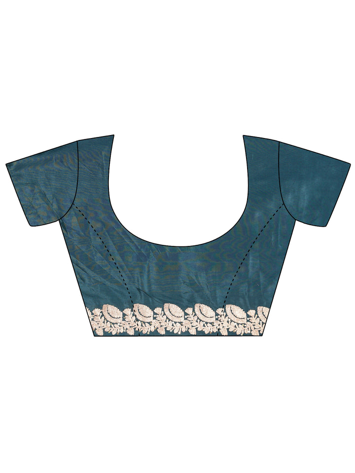 Teal Embroidered Silk Blend Saree With Unstitched Blouse Piece