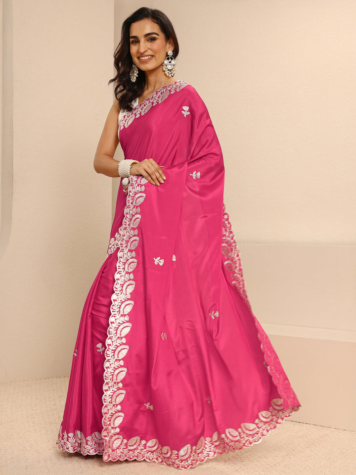 Pink Embroidered Silk Blend Saree With Unstitched Blouse Piece