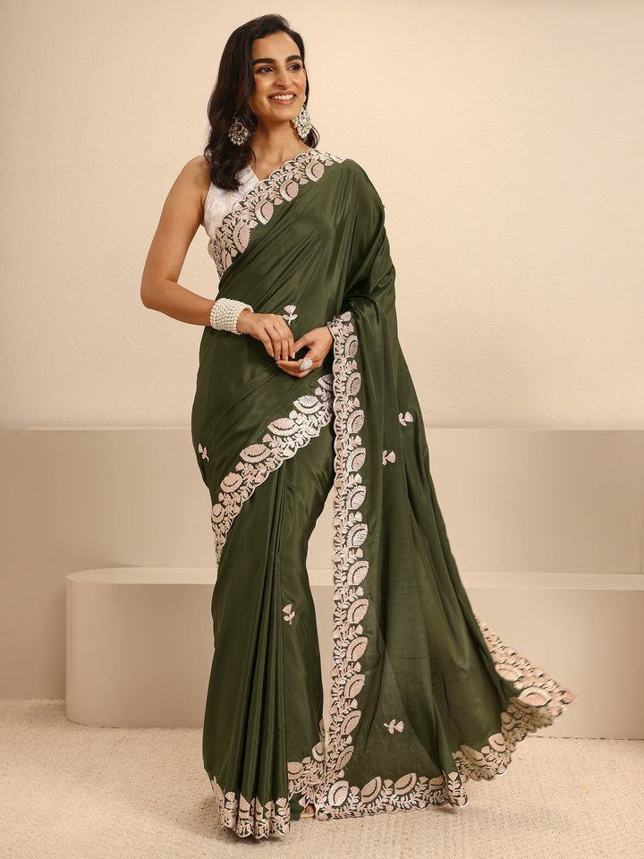 Olive Green Embroidered Silk Blend Saree With Unstitched Blouse Piece