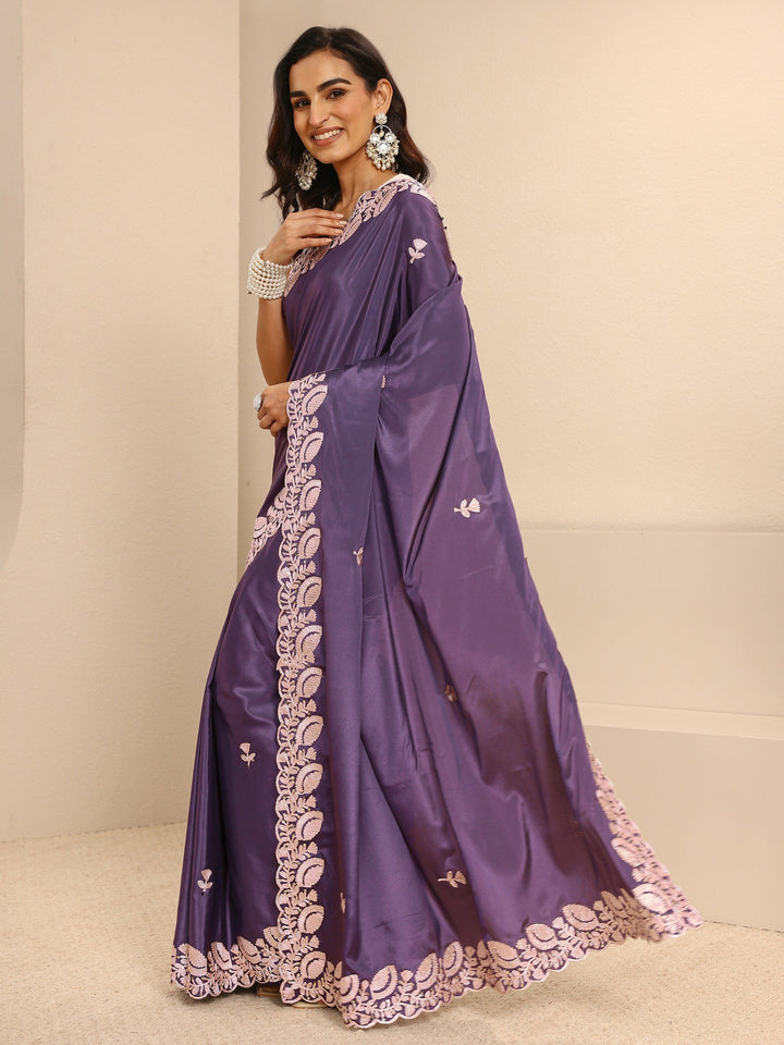 Purple Embroidered Silk Blend Saree With Unstitched Blouse Piece