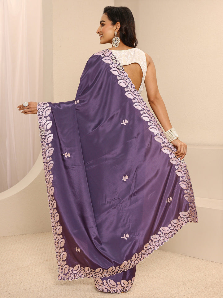 Purple Embroidered Silk Blend Saree With Unstitched Blouse Piece