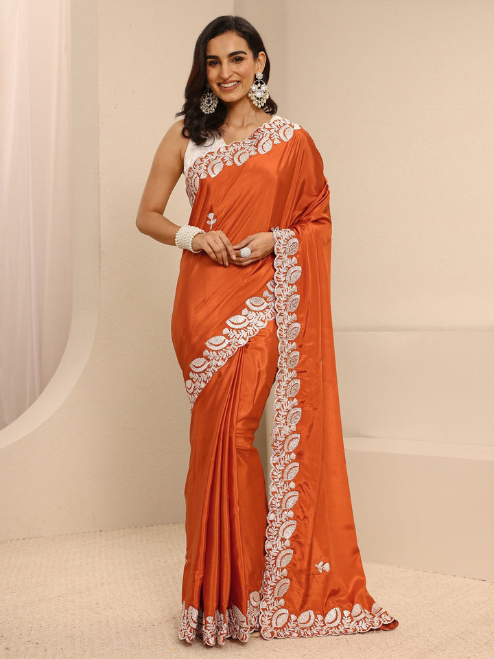 Orange Embellished Silk Blend Saree With Unstitched Blouse Piece