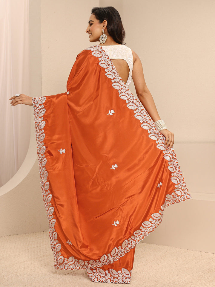 Orange Embellished Silk Blend Saree With Unstitched Blouse Piece