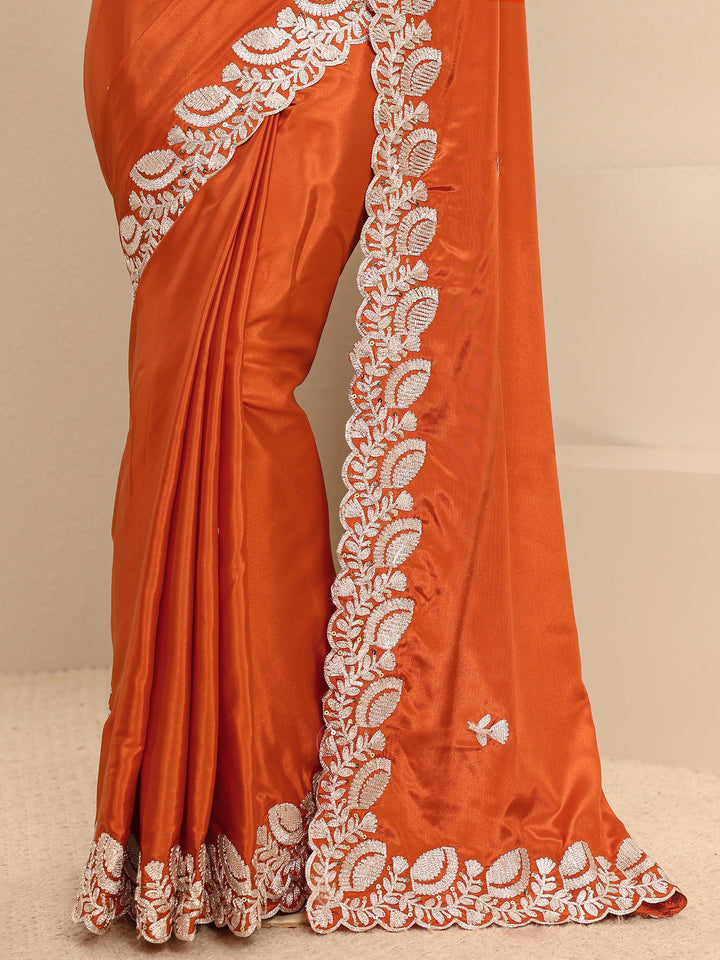 Orange Embellished Silk Blend Saree With Unstitched Blouse Piece