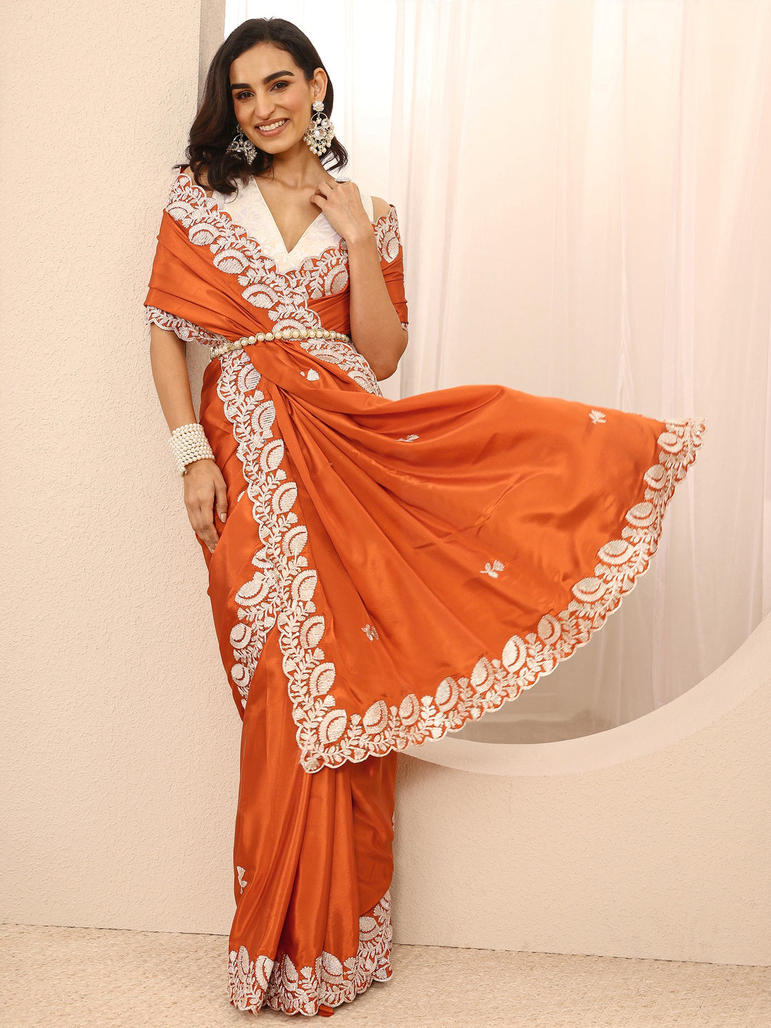 Orange Embellished Silk Blend Saree With Unstitched Blouse Piece