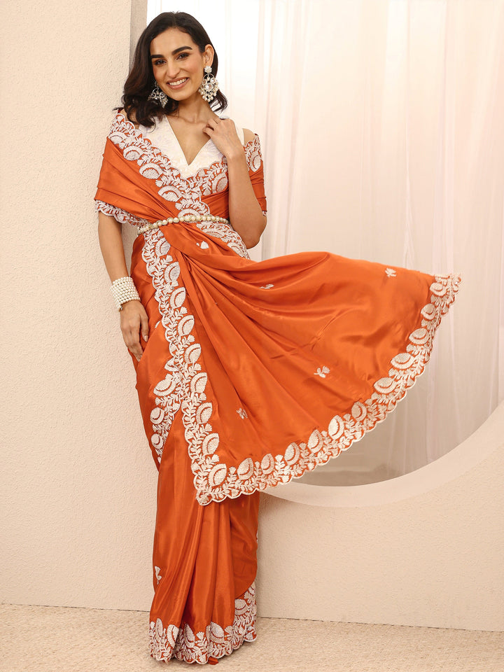 Orange Embellished Silk Blend Saree With Unstitched Blouse Piece