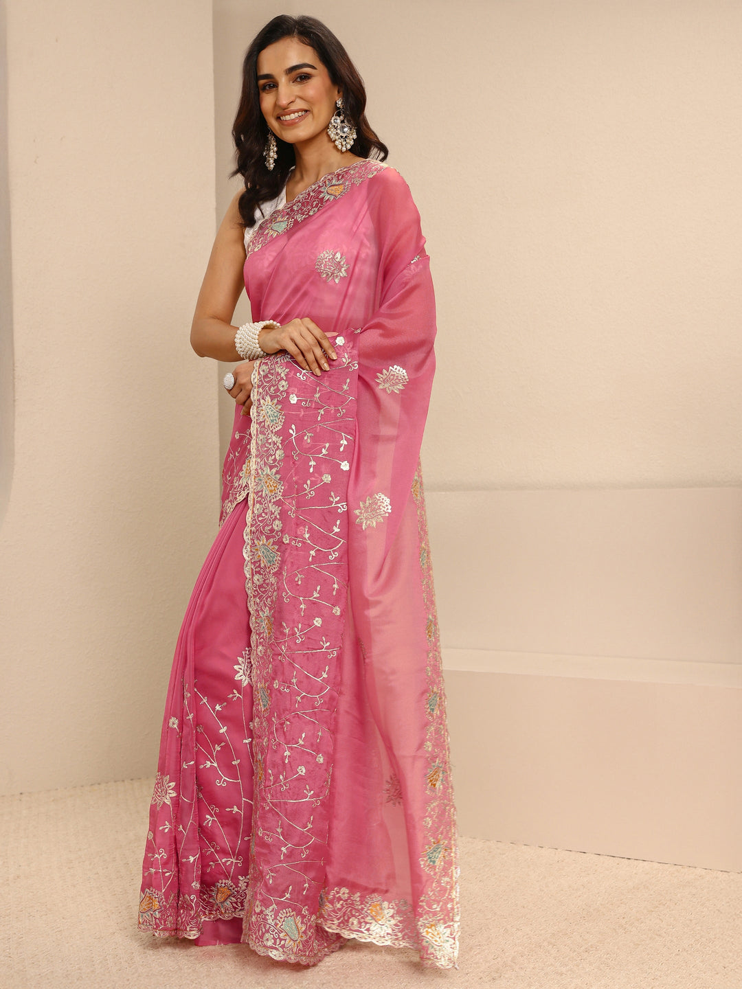 Pink Embellished Silk Blend Net Saree With Unstitched Blouse Piece
