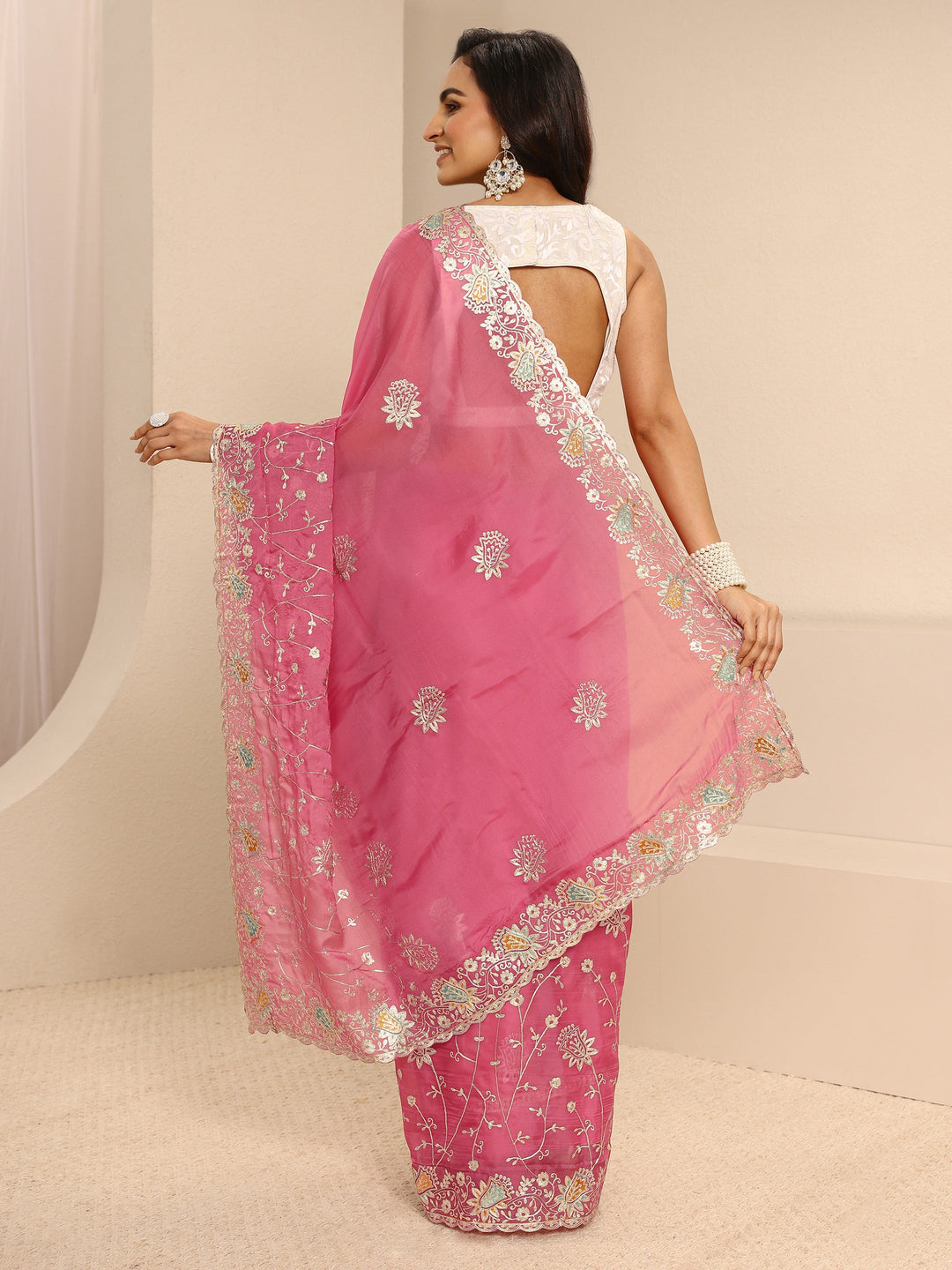 Pink Embellished Silk Blend Net Saree With Unstitched Blouse Piece