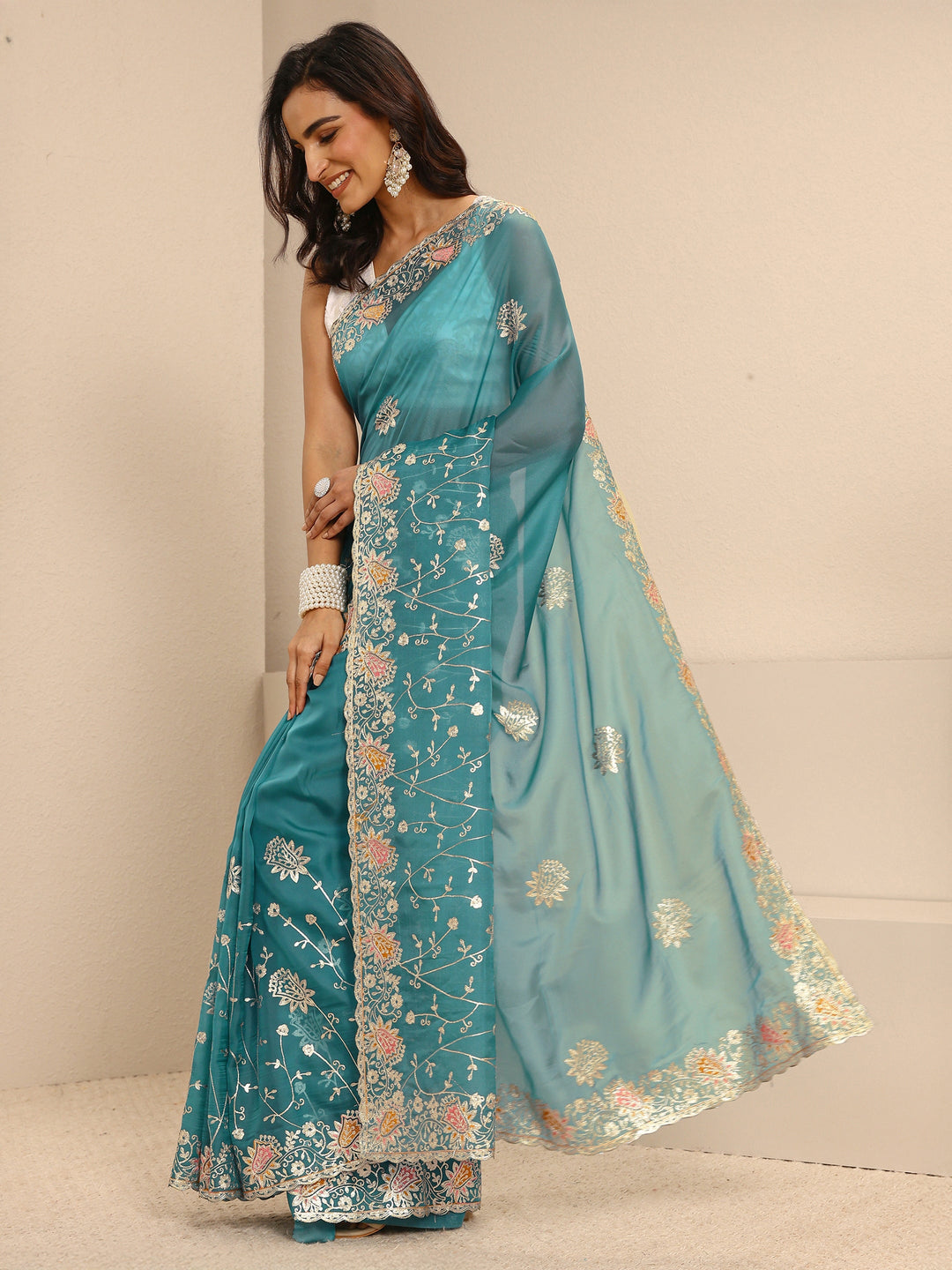 White Embellished Silk Blend Net Saree With Unstitched Blouse Piece