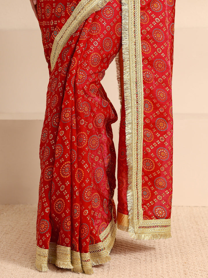 Red Bandhani Printed Silk Blend Saree With Unstitched Blouse Piece