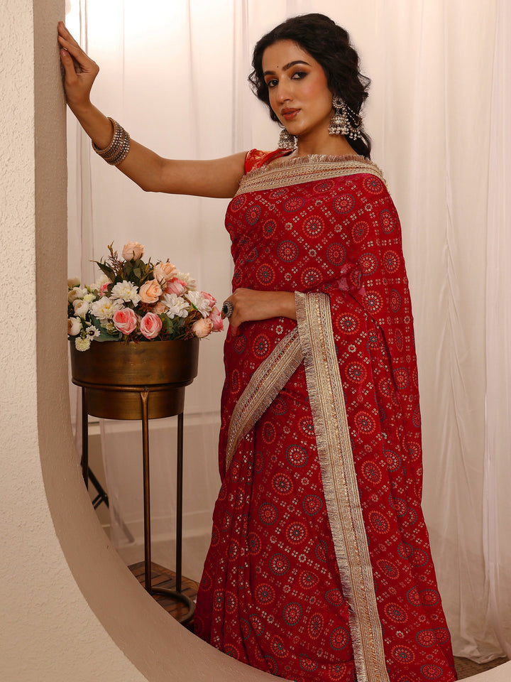 Red Bandhani Printed Silk Blend Saree With Unstitched Blouse Piece