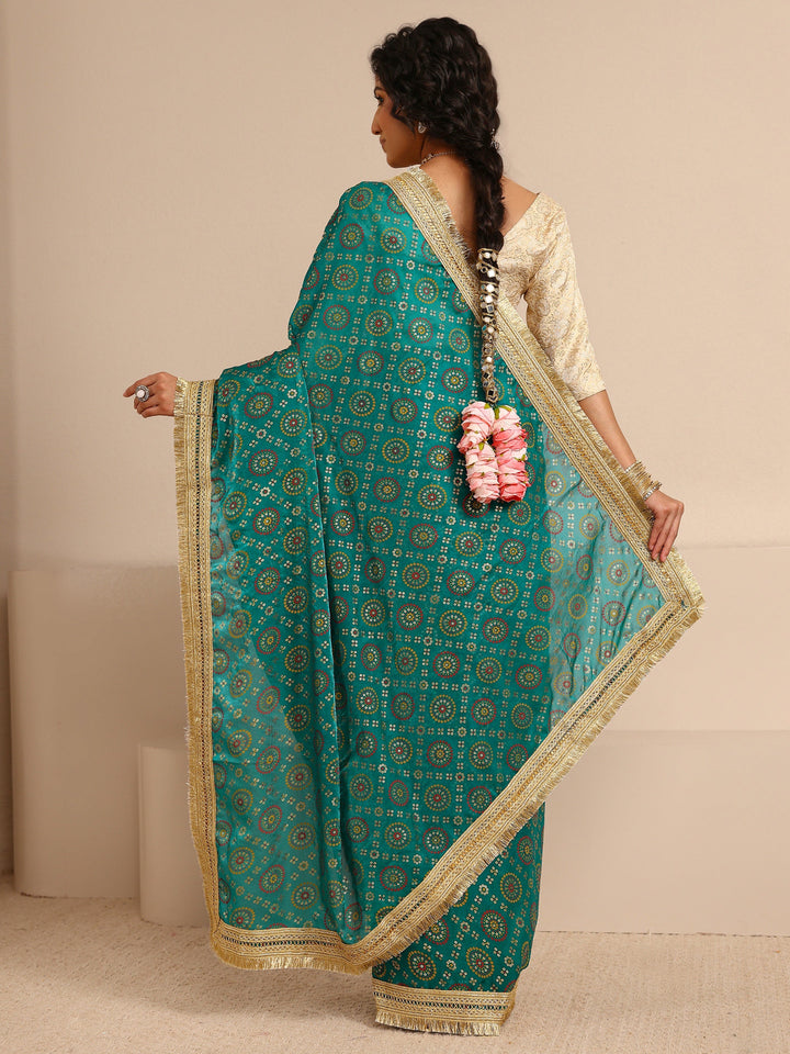 Green Bandhani Printed Silk Blend Saree With Unstitched Blouse Piece