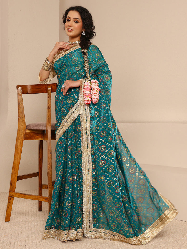 Green Bandhani Printed Silk Blend Saree With Unstitched Blouse Piece
