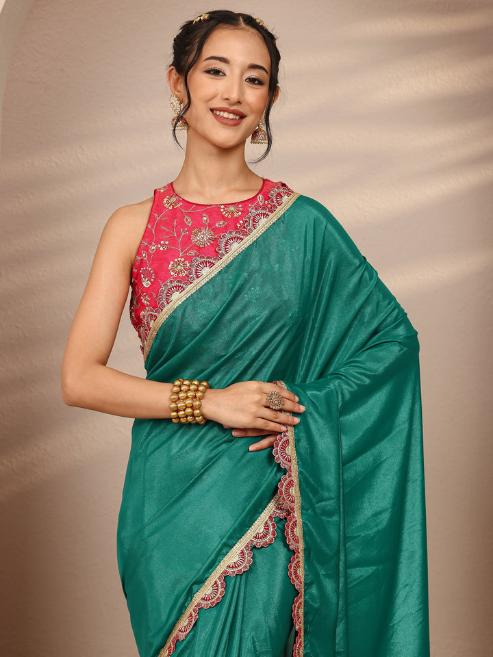 Green Solid Tissue Saree With Unstitched Blouse Piece