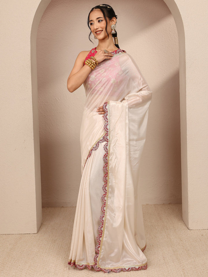 Cream Solid Tissue Saree With Unstitched Blouse Piece