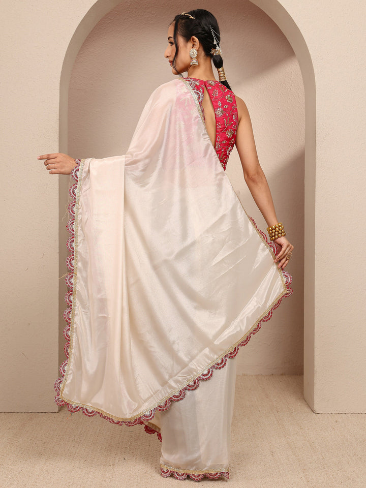 Cream Solid Tissue Saree With Unstitched Blouse Piece