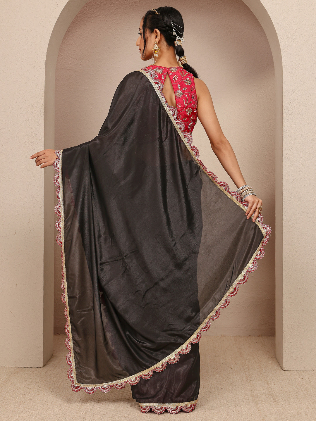 Black Solid Tissue Saree With Unstitched Blouse Piece