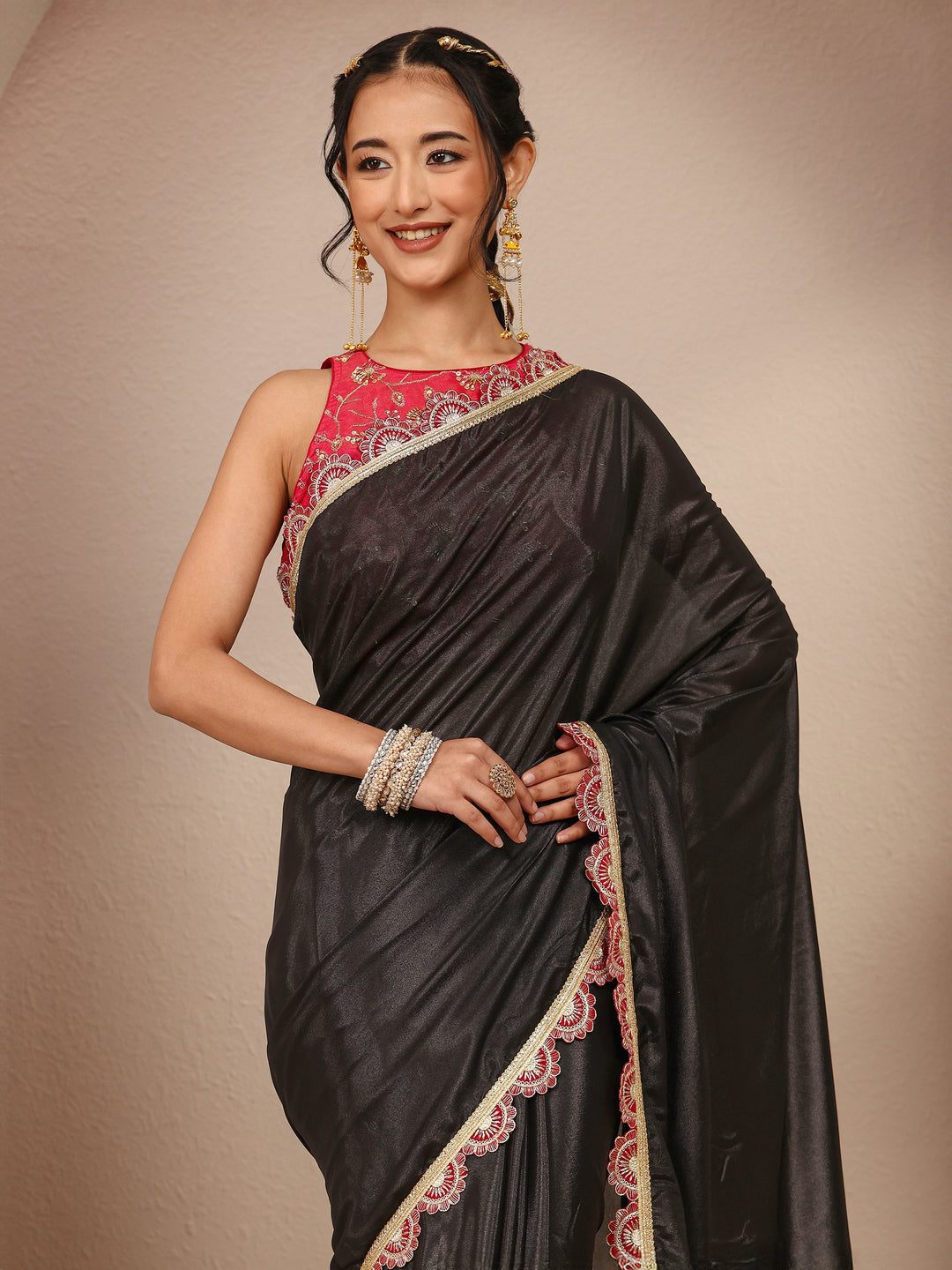 Black Solid Tissue Saree With Unstitched Blouse Piece
