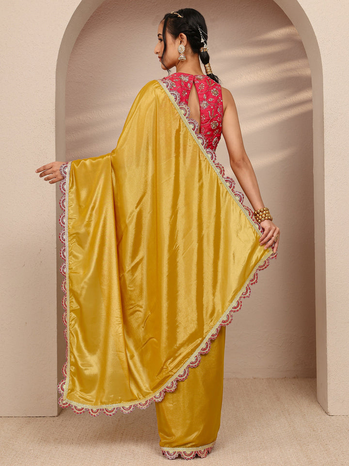 Mustard Solid Tissue Saree With Unstitched Blouse Piece