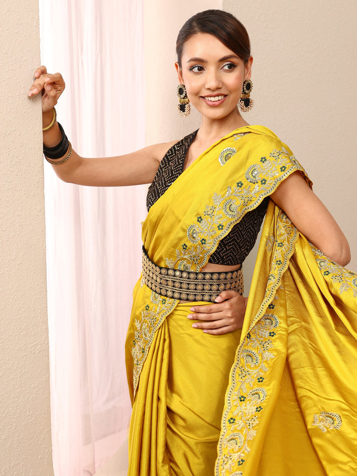 Mustard Floral Embroidered Satin Saree
With Unstitched Blouse Piece