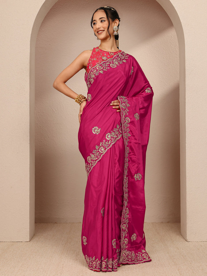 Pink Floral Embellished Satin Saree With Unstitched Blouse Piece