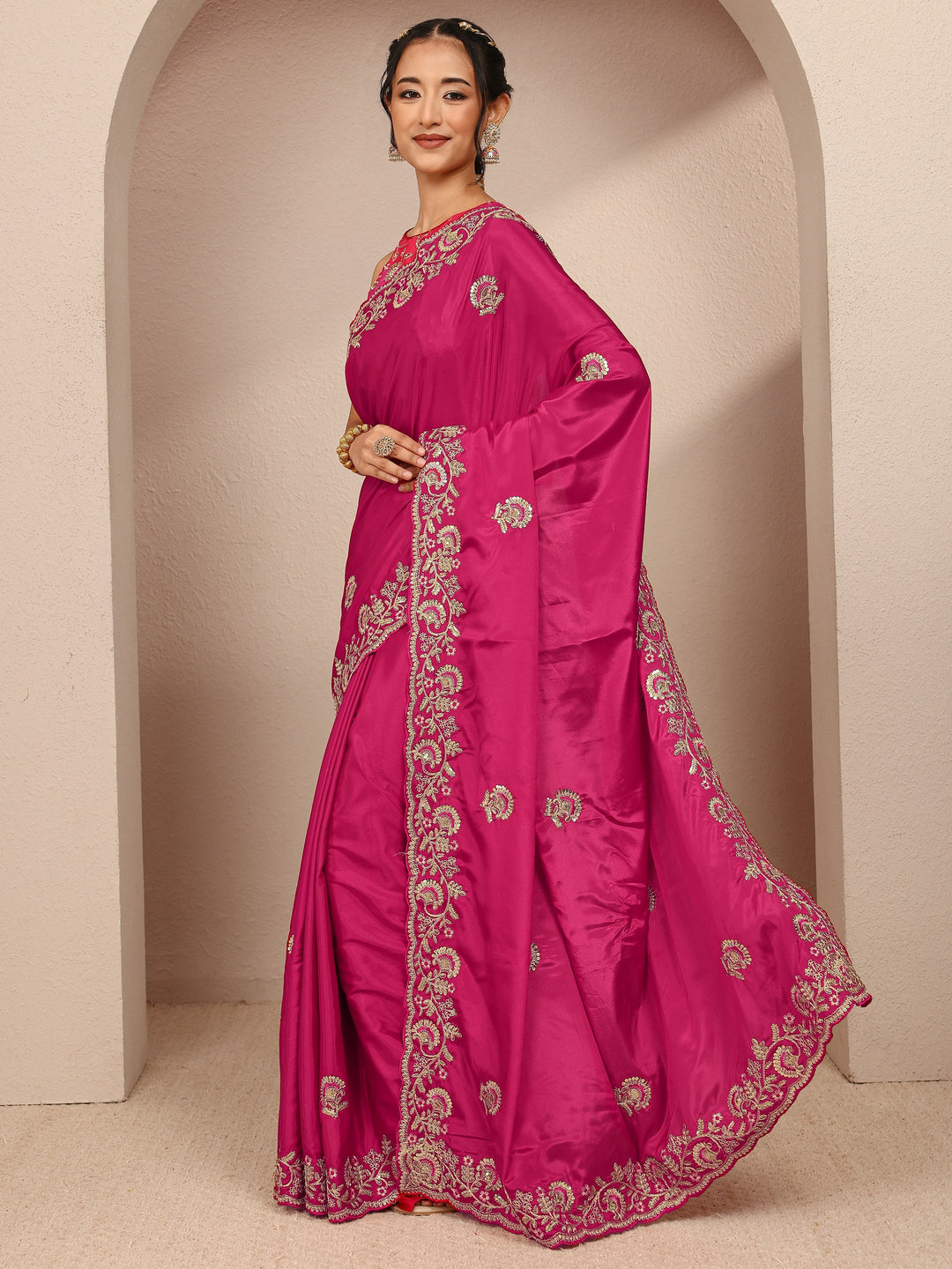 Pink Floral Embellished Satin Saree With Unstitched Blouse Piece