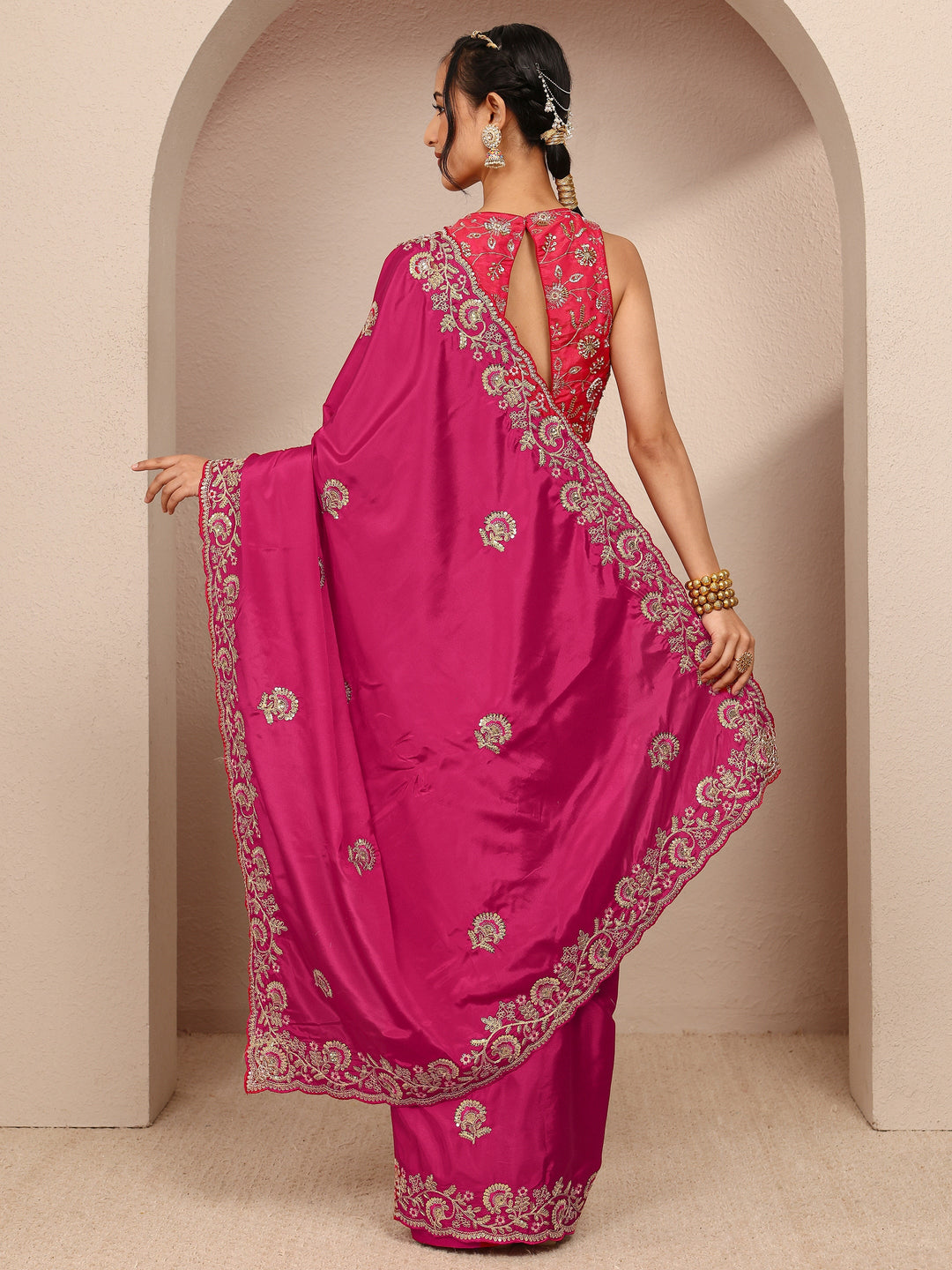 Pink Floral Embellished Satin Saree With Unstitched Blouse Piece