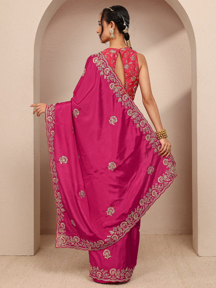 Pink Floral Embellished Satin Saree With Unstitched Blouse Piece
