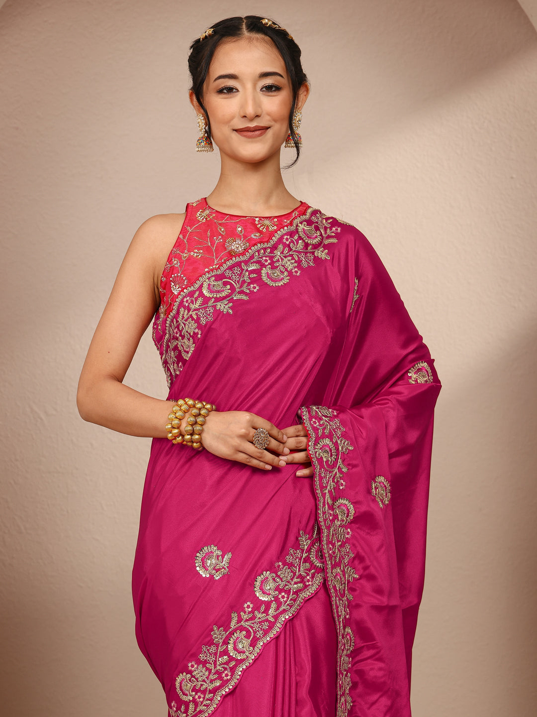 Pink Floral Embellished Satin Saree With Unstitched Blouse Piece
