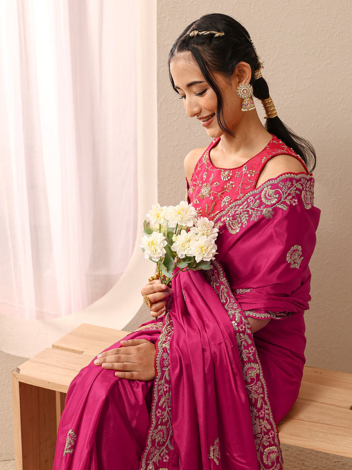 Pink Floral Embellished Satin Saree With Unstitched Blouse Piece